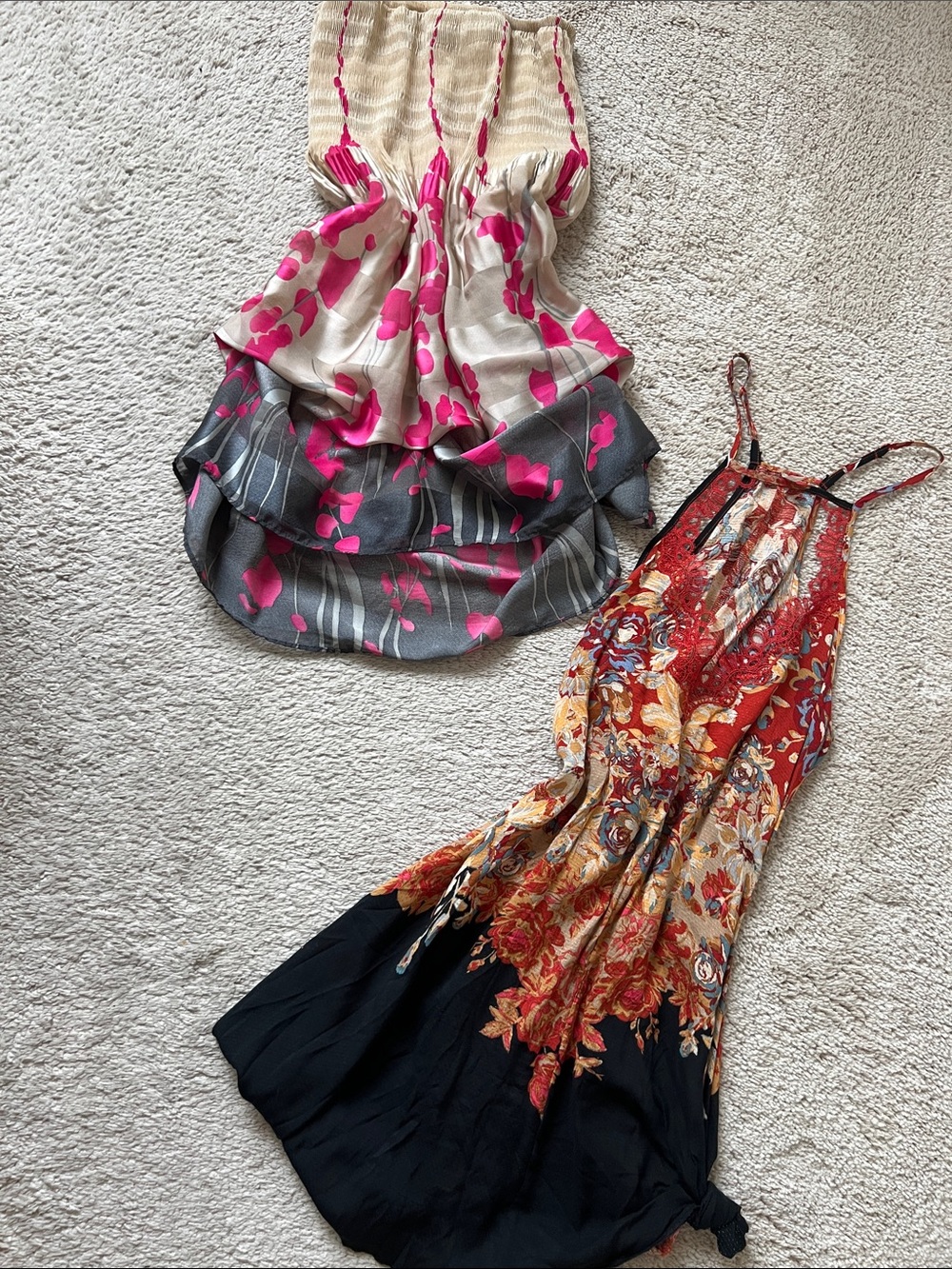 Two Summer Dresses - Floral Maxi Slip & Tiered Strapless Dress